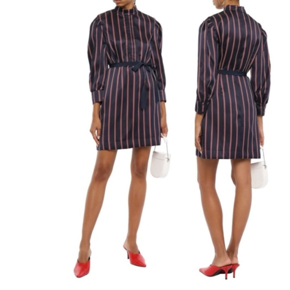 SANDRO Respect Striped Long Sleeve Preppy Satin Twill Belted Dress Lightweight
